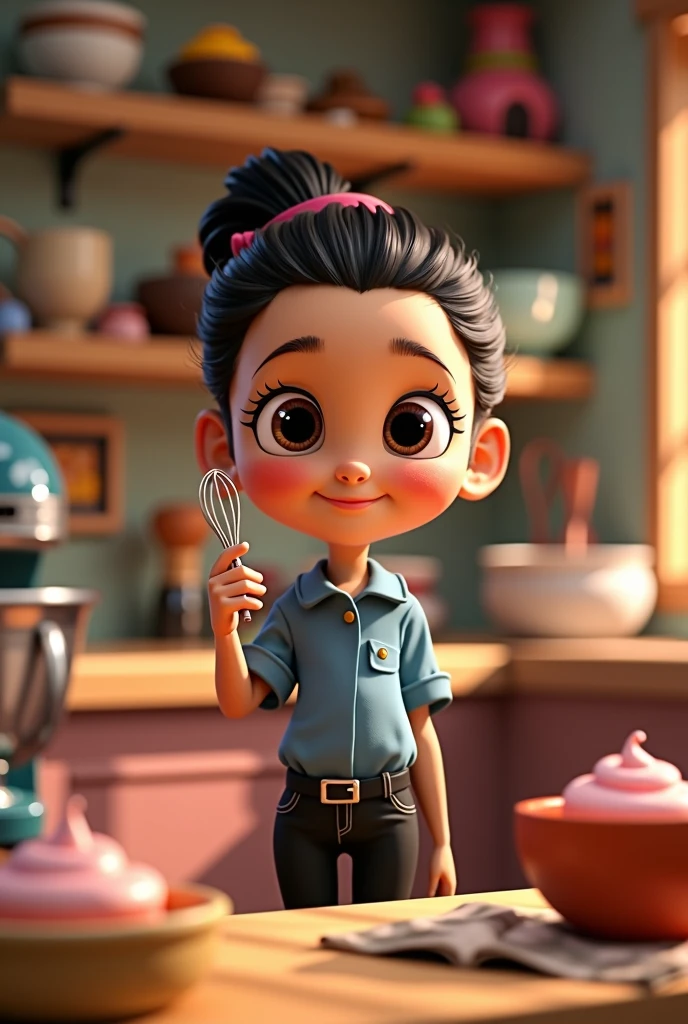 create a pixar style girl, with dark brown eyes, skin fair, slickedback hair, with blue shirt, black pants, holding a whisk, in a confectionery workshop 