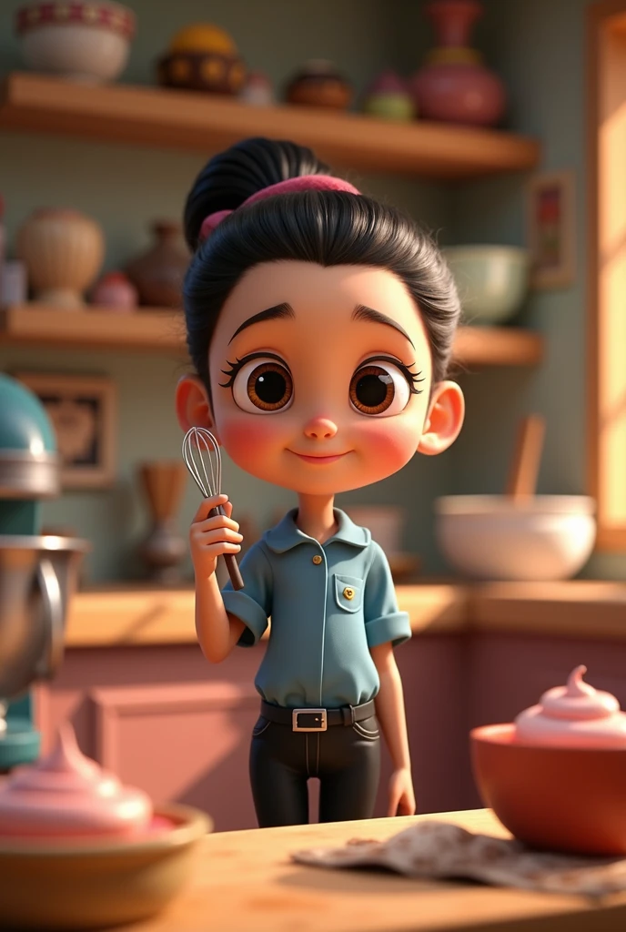 create a pixar style girl, with dark brown eyes, skin fair, slickedback hair, with blue shirt, black pants, holding a whisk, in a confectionery workshop