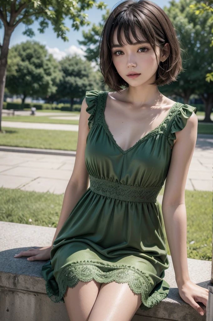 8k, CRU photo, Fujifilm, style photo of a 5 lady (highly detailed skin: 1.2) Style-Petal BREAK short hair, wearing a green dress, in a park, brunette skin, cabelo lo curto with bangs