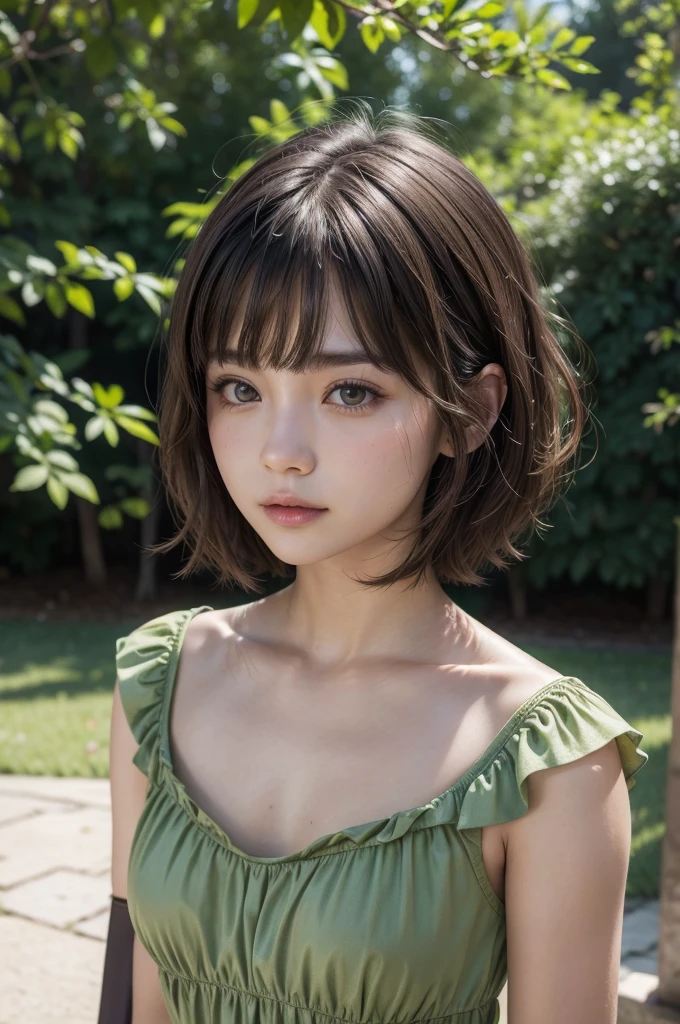 8k, CRU photo, Fujifilm, style photo of a 5 lady (highly detailed skin: 1.2) Style-Petal BREAK short hair, wearing a green dress, in a park, brunette skin, cabelo lo curto with bangs