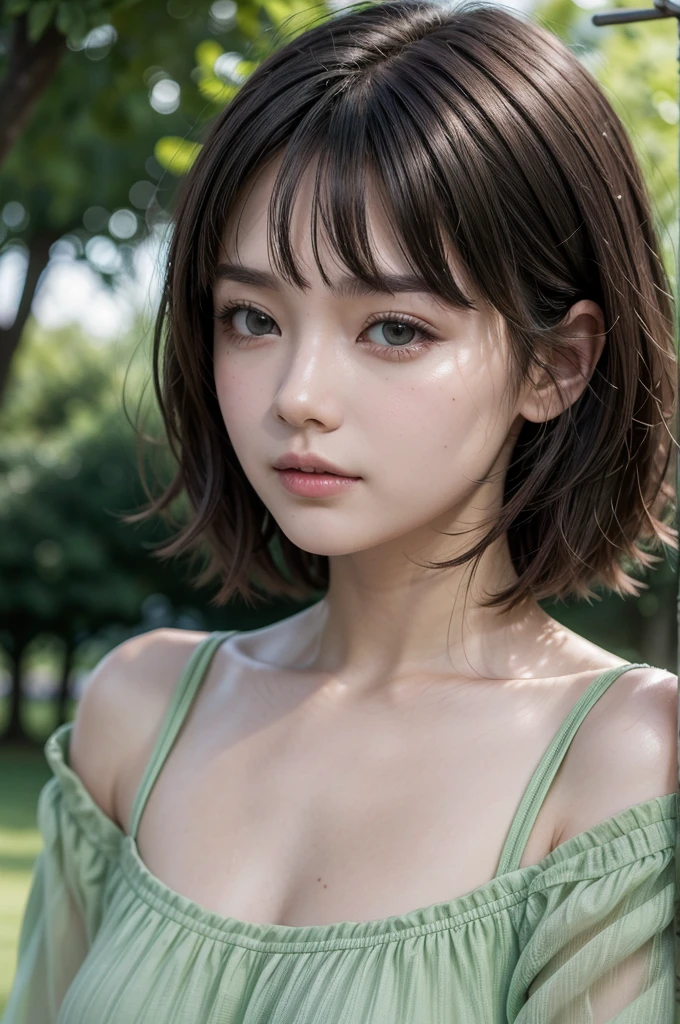 8k, CRU photo, Fujifilm, style photo of a 5 lady (highly detailed skin: 1.2) Style-Petal BREAK short hair, wearing a green dress, in a park, brunette skin, cabelo lo curto with bangs