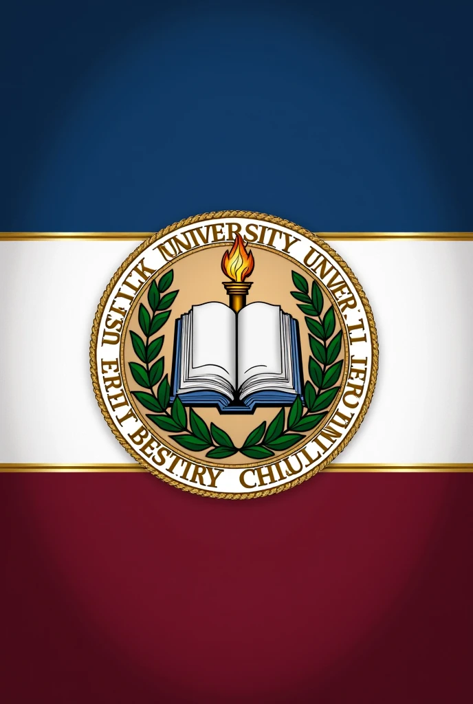 Flag Design Description:
Overall Shape: The flag has a classic rectangular 3:2 ratio, maintaining a formal and dignified appearance appropriate for an academic institution.

Primary Colors: The background is divided into three horizontal stripes. The top stripe is a deep, royal blue, symbolizing wisdom, knowledge, and the depth of academic pursuit. The middle stripe is a clean, crisp white, representing purity, truth, and the pursuit of enlightenment. The bottom stripe is a rich, dark maroon, reflecting tradition, excellence, and the legacy of education.

Borders: The flag is bordered with a thin line of gold, signifying prestige, achievement, and the value of education. This gold border gives the flag a regal and distinguished look.

Central Emblem Placement: The university’s emblem is placed centrally, ensuring it is the dominant feature of the flag, symbolizing the institution's core values and identity.

Emblem Design:
Core Symbol: The emblem features an open book, symbolizing knowledge, education, and the dissemination of information. The book is depicted in silver, with pages slightly fanned out, showing the depth and range of learning offered by the university.

Above the Book: Above the open book, there is a lit torch, rendered in gold with a silver flame. The torch represents enlightenment, guidance, and the pursuit of knowledge, with the flame symbolizing the spark of curiosity and intellectual growth.

Behind the Book: Behind the book is a laurel wreath in a rich green, symbolizing achievement, honor, and the excellence that the university strives for in academics and research. The laurel wreath is slightly raised, giving the emblem a three-dimensional effect.

Circular Frame: The emblem is encased in a circular frame of gold, adorned with subtle, intricate designs resembling classical architectural elements, such as columns and arches, signifying the university’s strong foundation and enduring legacy.

University Motto: Below the emblem, a banner in maro