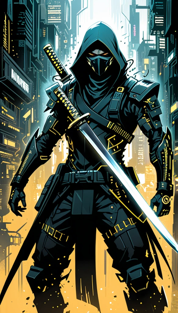 intricate cyberpunk ninja, sharp katana sword,in style of Gris Grimly,amazing artistic special effects from Hans Hartung, {with the text:"dark science fiction":1.8},