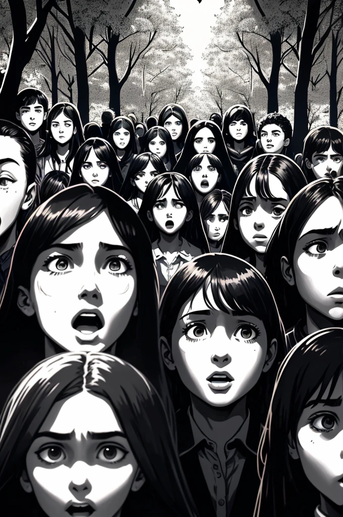 A close-up of the faces of the young people, who are filled with fear. Her eyes are wide open, and their mouths form silent screams. In the background are shadowy, to see shadowy figures between the trees, and a barely visible whisper seems to hang in the air.