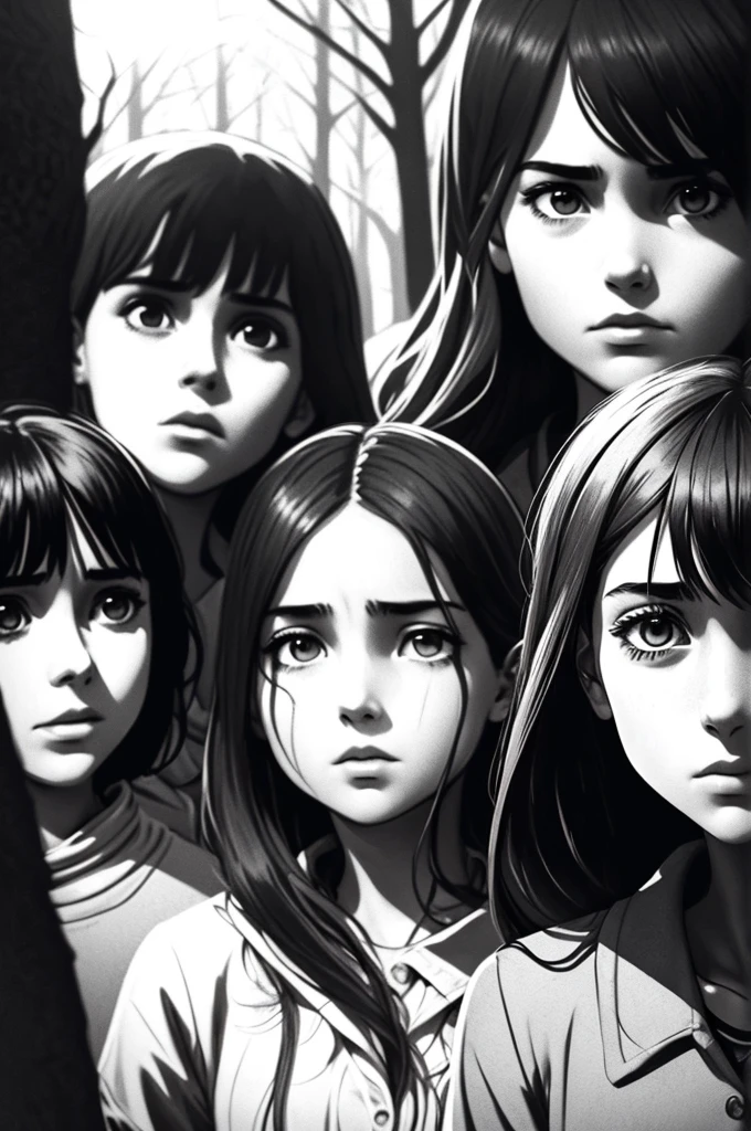 A close-up of the faces of the young people, who are filled with fear. Her eyes are wide open, and their mouths form silent screams. In the background are shadowy, to see shadowy figures between the trees, and a barely visible whisper seems to hang in the air.
