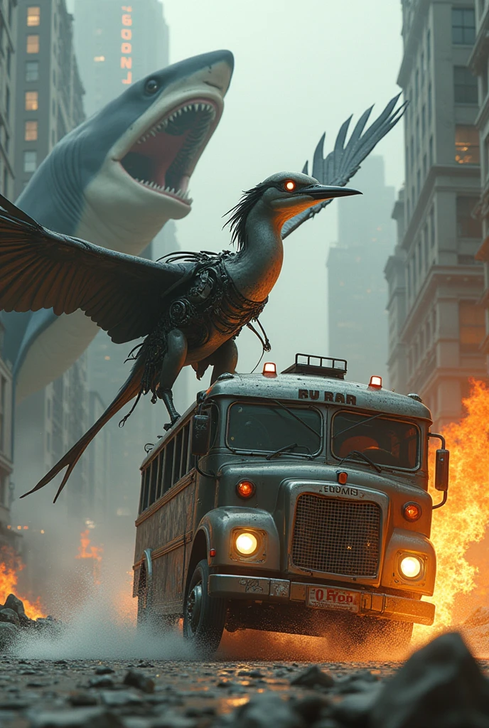 Creates a cyborg heron driving a burning bus while escaping from a megalodon