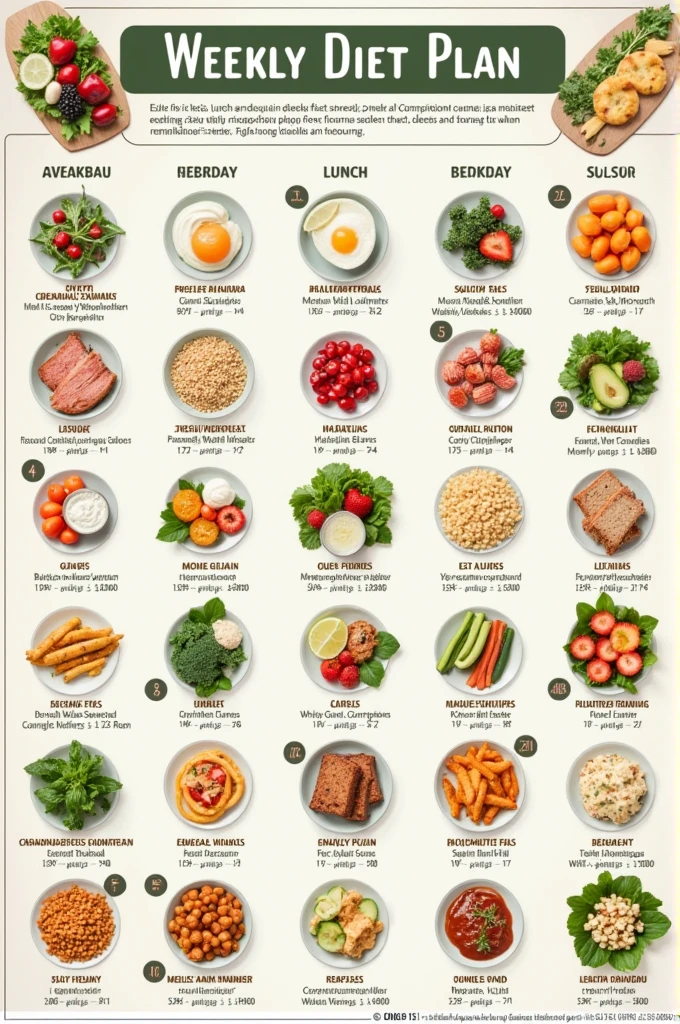 weekly diet with breakfast, lunch and dinner