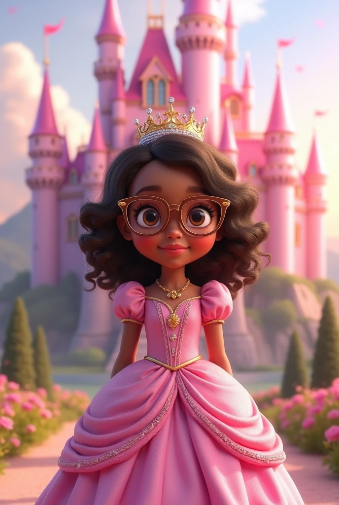 Little princess, full body image, , pink dress with flared skirt to the floor, wears brown framed glasses and shiny crown, eyes browns, brown skin, smiling, shoulder length hair, curly and dark brown, in the background landscape pink castle