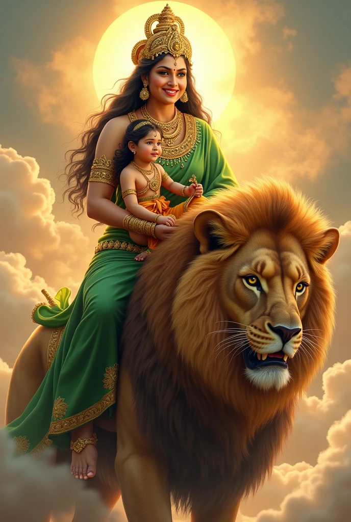 "Create an ultra-realistic image of Goddess Skandamata, depicted in her nurturing and powerful form, riding an enormous, majestic lion. She should be dressed in a vibrant green saree, symbolizing growth, fertility, and divine energy. The saree should be richly embroidered with gold patterns, reflecting her regal status. Her skin should have a radiant, golden glow, symbolizing her divine nature, and her face should be serene and motherly, with large, compassionate eyes and a gentle smile that exudes both grace and strength.

In her arms, she should be holding her  son, Lord Kartikeya (also known as Skanda), with tender care. Baby Kartikeya should be depicted as a beautiful child with a divine aura, seated comfortably in his mother's arms, perhaps holding a small weapon like a spear, symbolizing his future role as a warrior god.

The lion she rides should be depicted as extremely large and powerful, with a thick mane and a fierce yet loyal expression, symbolizing courage and protection. The lion’s size and majesty should enhance the divine presence of the goddess.

The background should feature a celestial landscape, with soft, golden light and subtle elements like swirling clouds or a glowing sky, creating an atmosphere that reflects both the nurturing and powerful aspects of Goddess Skandamata. The overall image should capture the essence of her maternal grace, divine authority, and protective strength, presented in a highly realistic and detailed manner."