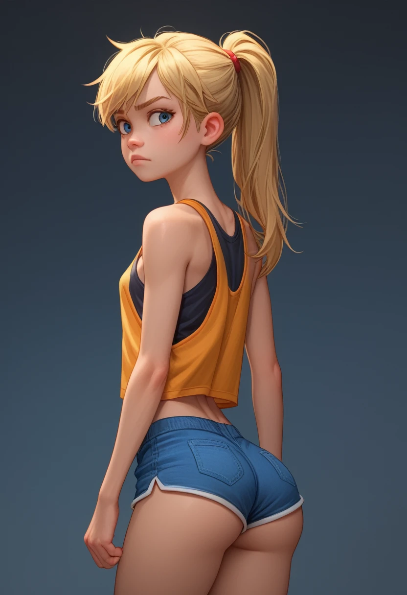 core_9, score_8_up, score_7_up, score_6_up, score_5_up, score_4_up, ri_ley2, 1 girl, ponytail, blonde hair, skinny, , looking at viewer, very lewd, tank top, short shorts, big ass, juicy ass