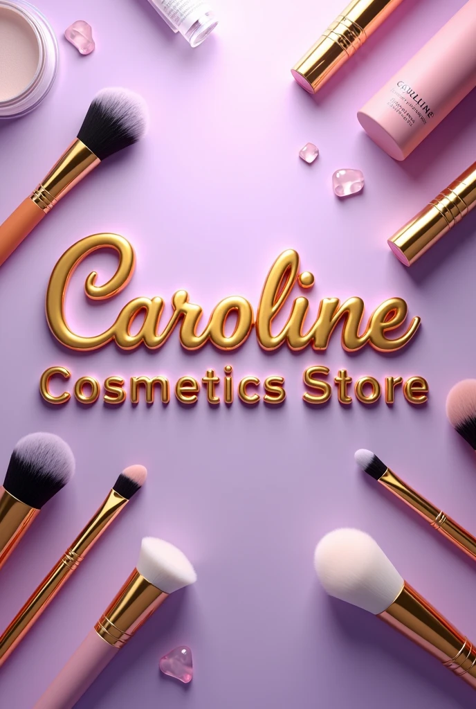 make a background image in the makeup segment of various types of makeup and cosmetics utensils with the name in the center of the image, With name ( Caroline Cosmetics Store ) in realistic gold , the background is in lilac with a gradient with gold effects
