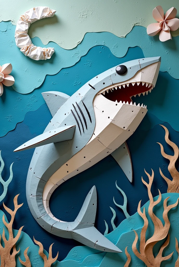 I need some shark fish made out of cardboard, papers and other recycled materials. 