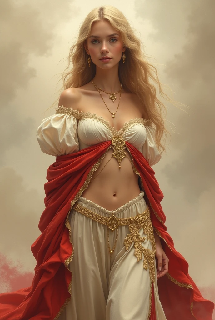 A baroque style digital painting depicts a young woman standing gracefully against beige cloudy foggy background, Her outfit consists of an off-shoulder ivory-colored Puff Sleeve Crinkle Crop Top, adorned with intricate gold embroidery and lace trim along the edges. The top features a deep neckline with very low hip ivory-colored harem pants that drape elegantly around her waist. A flowing red cloak with gold-trimmed edges drapes . She has long, flowing blonde hair that cascades over her shoulders, with soft waves creating gentle highlights. She wears a delicate gold bracelet on her left wrist and matching earrings. The woman's necklace consists of small beads and a prominent pendant at its center. Her expression is serene and slightly parted lips, with her eyes looking directly at the viewer. The lighting is soft and diffused, coming from the left side, casting gentle shadows and highlights that accentuate her features and the textures of her clothing. The overall mood is regal and serene.