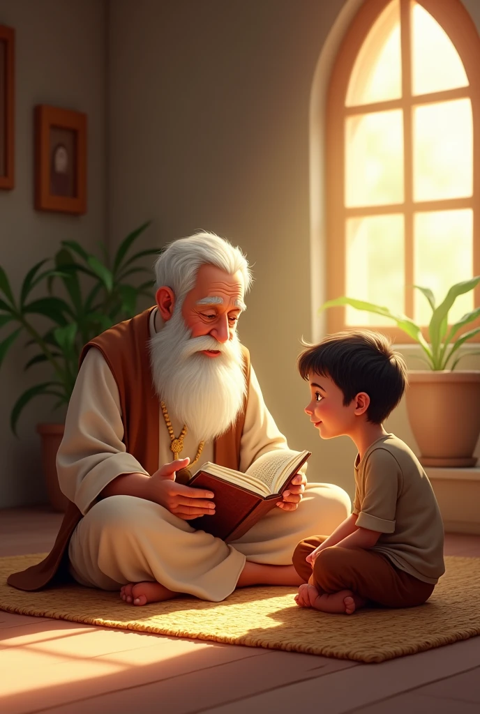 A young boy named Rofiq, sitting on a traditional mat in a cozy room with simple, warm décor. His wise grandfather, with a white beard and a kind expression, is telling him an Islamic story. The atmosphere is peaceful, with soft sunlight filtering through a window.