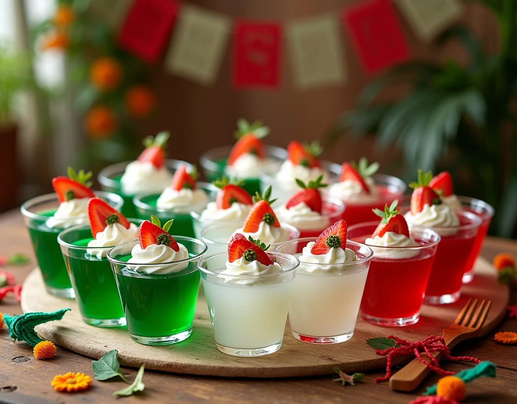 Table with gelatins in green, white and red cups for Mexican national holidays