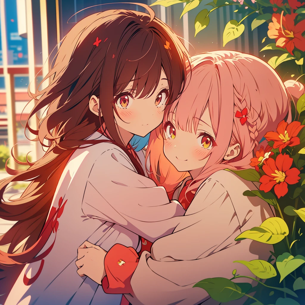 kawaii, anime, Cute, hyper quality, highly detailed, 8k, Clarity, Draw facial expressions in detail, red balsam, Impatiens balsamina, colorful balsam, A young girl with light pink hair and scarlet eyes., A girl with long dark brown hair and green eyes, smile, Dynamic feeling, whole body, hug, tears, Overflowing feelings, drawing two people, hug and kiss, hoodie, height difference,