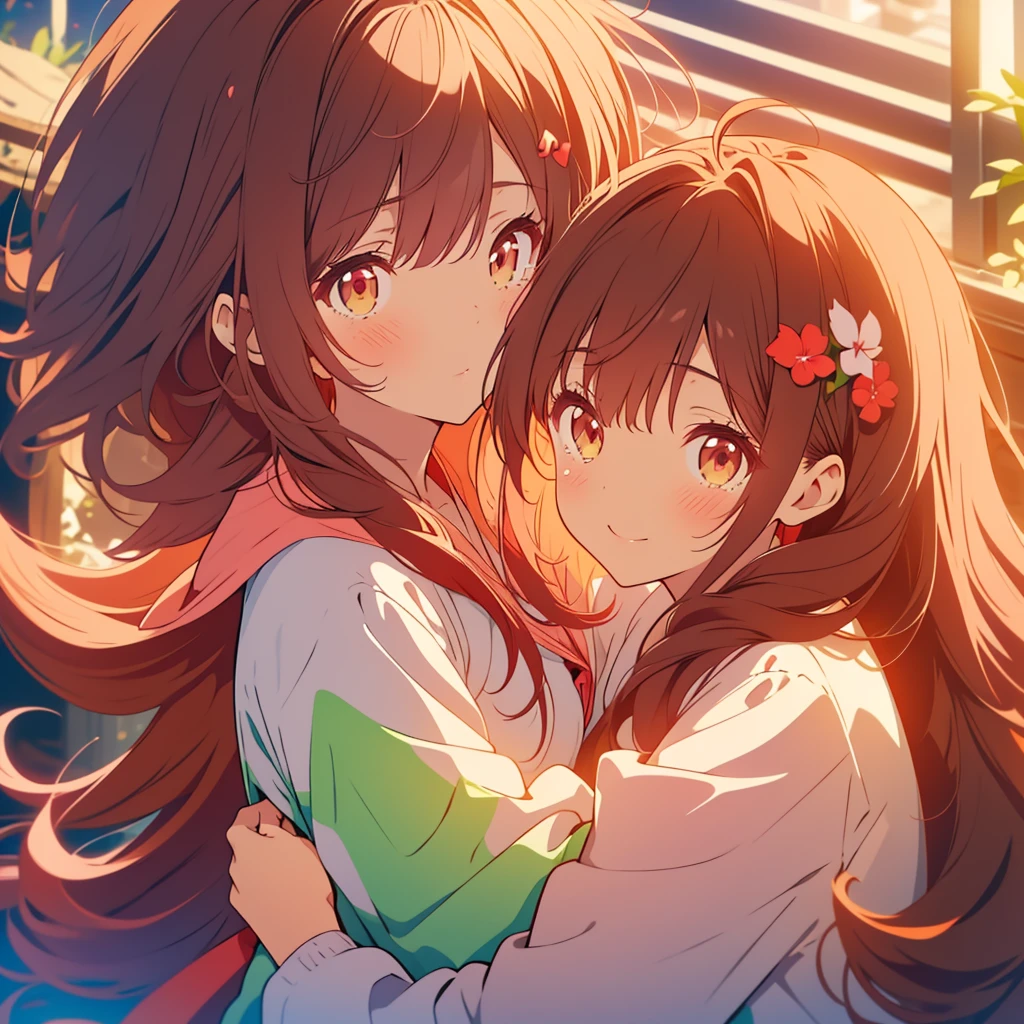kawaii, anime, Cute, hyper quality, highly detailed, 8k, Clarity, Draw facial expressions in detail, red balsam, Impatiens balsamina, colorful balsam, A young girl with light pink hair and scarlet eyes., A girl with long dark brown hair and green eyes, smile, Dynamic feeling, whole body, hug, tears, Overflowing feelings, drawing two people, hug and kiss, hoodie, height difference,
