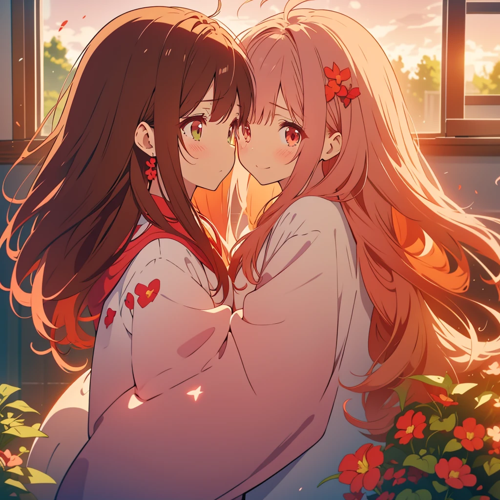 kawaii, anime, Cute, hyper quality, highly detailed, 8k, Clarity, Draw facial expressions in detail, red balsam, Impatiens balsamina, colorful balsam, A young girl with light pink hair and scarlet eyes., A girl with long dark brown hair and green eyes, smile, Dynamic feeling, whole body, hug, tears, Overflowing feelings, drawing two people, hug and kiss, hoodie, height difference,
