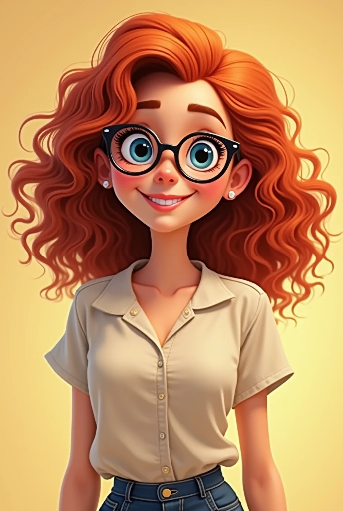 Red curly hair, woman, round bottom glasses, animated, smile, blue eyes, small neck, round face, High Resolution, blouse, adult