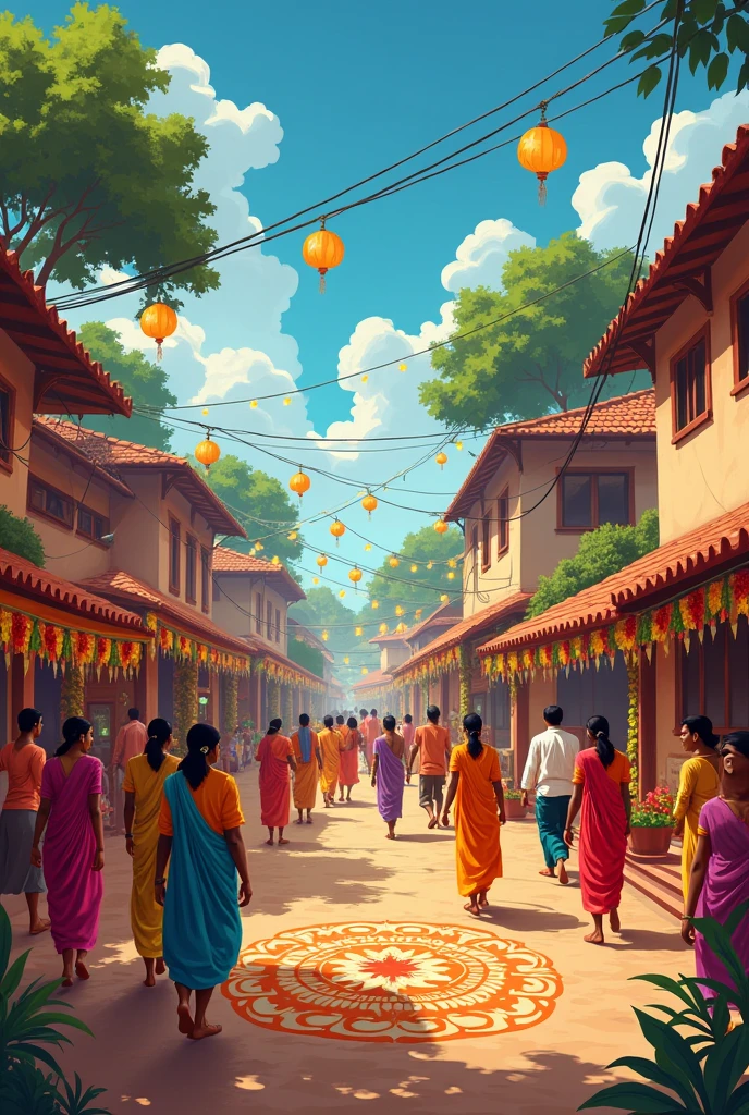 Village Preparation: Illustrate the vibrant village of Sundarapuram with homes decorated for Vinayaka Chavithi. Include colorful festoons, lights, and people bustling about in preparation.