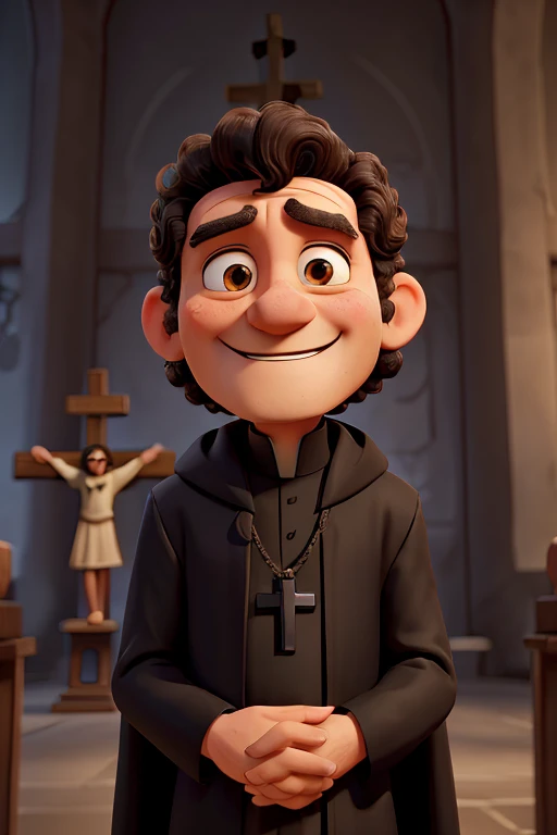 an old priest smiling in a black old cassock long sleeves, with a crucifix on chest, with a small catholic black biretta, with short curly brown hair, brown eyes, wide chin, with a halo, hands crossed praying