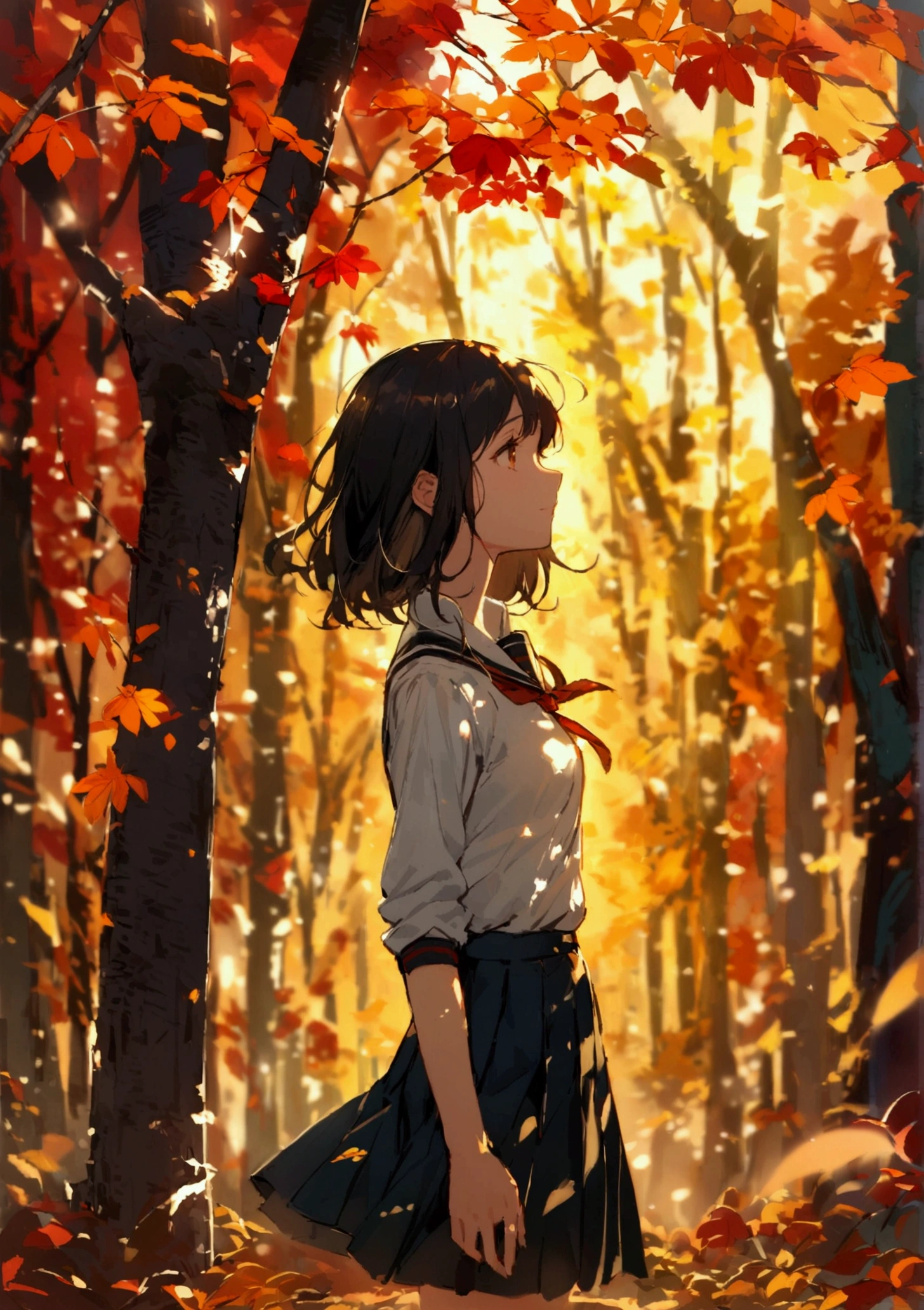 A young woman dressed in a school uniform stands amidst a grove of vibrant autumn trees. The leaves are a mix of fiery red, deep orange, and golden yellow, creating a warm and inviting canopy above her. The woman's expression is thoughtful, as if she's lost in contemplation of the beauty surrounding her. The sunlight filtering through the leaves casts dappled patterns on her face and the ground.