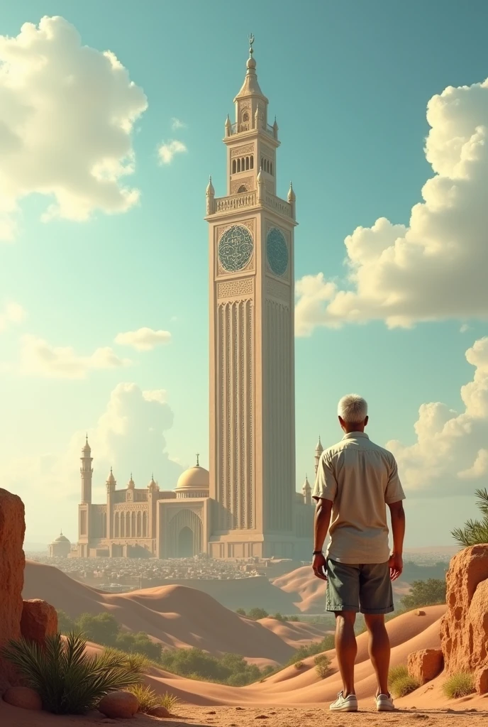 A man wearing a summer shirt and summer shorts looks from a distance at a very realistic and real giant Koutoubia