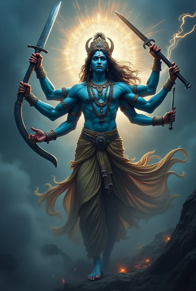 Create lord Krishna wallpaper with a powerful chakra dark and have 10 hands with diffrent weapons in each hand more dark 