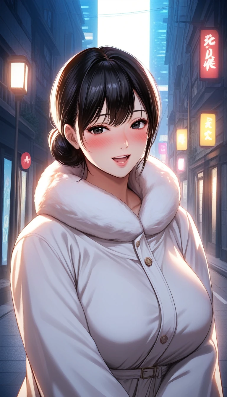 score_9, score_8_up, score_7_up, score_6_up, score_5_up, score_4_up, source_anine, nari, black eyes, black hair, slightly disheveled low bun, long side bangs, masterpiece, best quality, ultra-detailed, higres, close shot, 1girl, solo, mature female, beautiful and perfect face, pretty face, mature adult woman, mature milf face, detailed eyes, detailed eyelashes, full-face blush, smile open mouth, looking at viewer, (wearing oversized_coat:1.3), woman posing for a photo, white coat, sweather under the coat, 4k, high-res, masterpiece, best quality, ((Hasselblad photography)), finely detailed skin, sharp focus, (cinematic lighting), night, soft lighting, dynamic angle, [:(detailed face:1.2):0.2],(((city background))), large breasts, wide hips, curvy, standing, street, outdoors, city