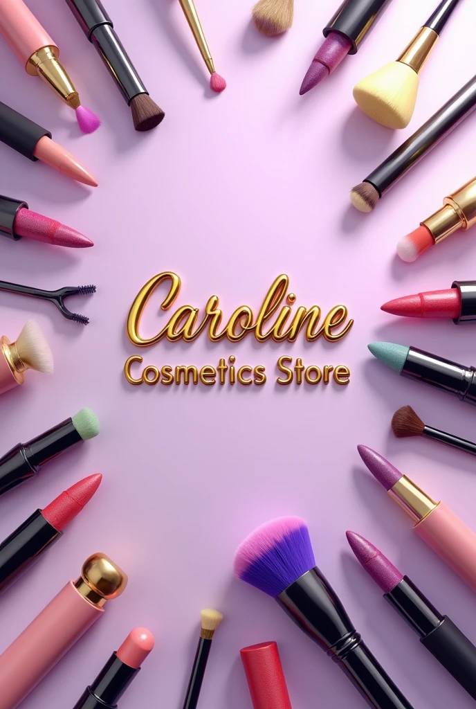 make a background image in the makeup segment of various types of makeup and cosmetics utensils with the name in the center of the image, With name ( Caroline Cosmetics Store ) in realistic gold , the background is in lilac with a gradient with gold effects
