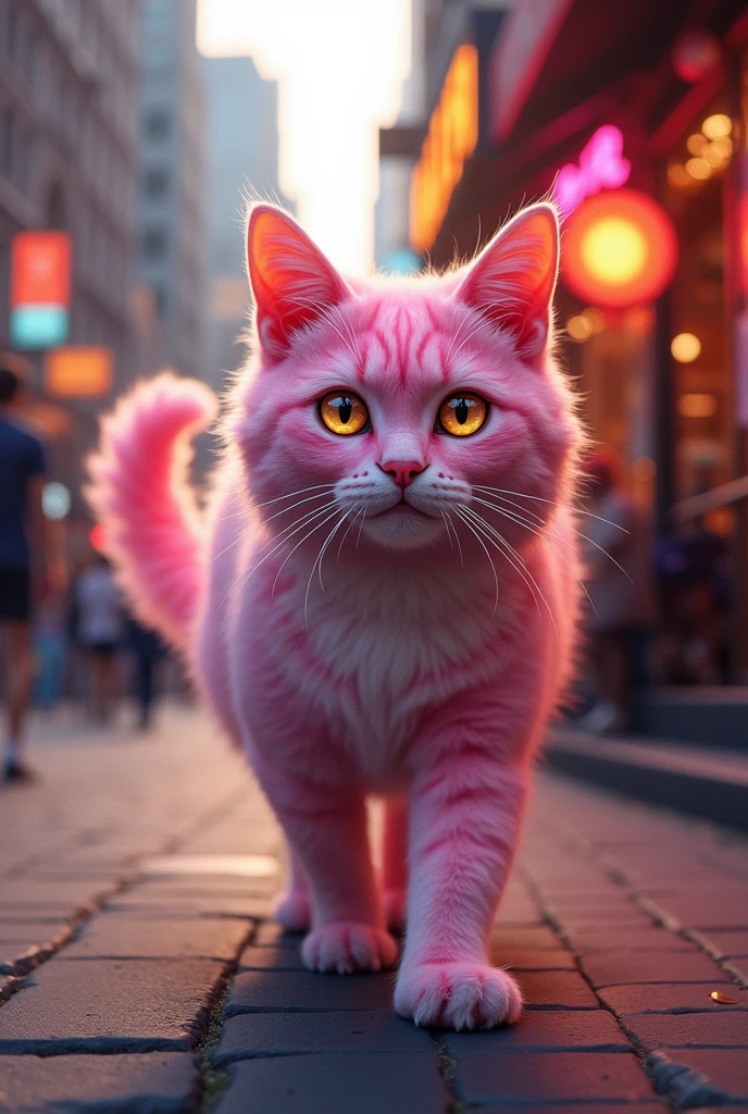 A beautiful cat with golden eyes and pink colour walking in street and saw a bar in which music is played