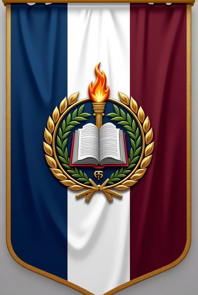 Flag Design Description:
Overall Shape: The flag has a classic rectangular 3:2 ratio, maintaining a formal and dignified appearance appropriate for an academic institution.
Primary Colors: The background is divided into three horizontal stripes. The top stripe is a deep, royal blue, symbolizing wisdom, knowledge, and the depth of academic pursuit. The middle stripe is a clean, crisp white, representing purity, truth, and the pursuit of enlightenment. The bottom stripe is a rich, dark maroon, reflecting tradition, excellence, and the legacy of education.
Borders: The flag is bordered with a thin line of gold, signifying prestige, achievement, and the value of education. This gold border gives the flag a regal and distinguished look.
Central Emblem Placement: The university’s emblem is placed centrally, ensuring it is the dominant feature of the flag, symbolizing the institution's core values and identity.
Emblem Design:
Core Symbol: The emblem features an open book, symbolizing knowledge, education, and the dissemination of information. The book is depicted in silver, with pages slightly fanned out, showing the depth and range of learning offered by the university.
Above the Book: Above the open book, there is a lit torch, rendered in gold with a silver flame. The torch represents enlightenment, guidance, and the pursuit of knowledge, with the flame symbolizing the spark of curiosity and intellectual growth.
Behind the Book: Behind the book is a laurel wreath in a rich green, symbolizing achievement, honor, and the excellence that the university strives for in academics and research. The laurel wreath is slightly raised, giving the emblem a three-dimensional effect.
Circular Frame: The emblem is encased in a circular frame of gold, adorned with subtle, intricate designs resembling classical architectural elements, such as columns and arches, signifying the university’s strong foundation and enduring legacy.
University Motto: Below the emblem, a banner in maro