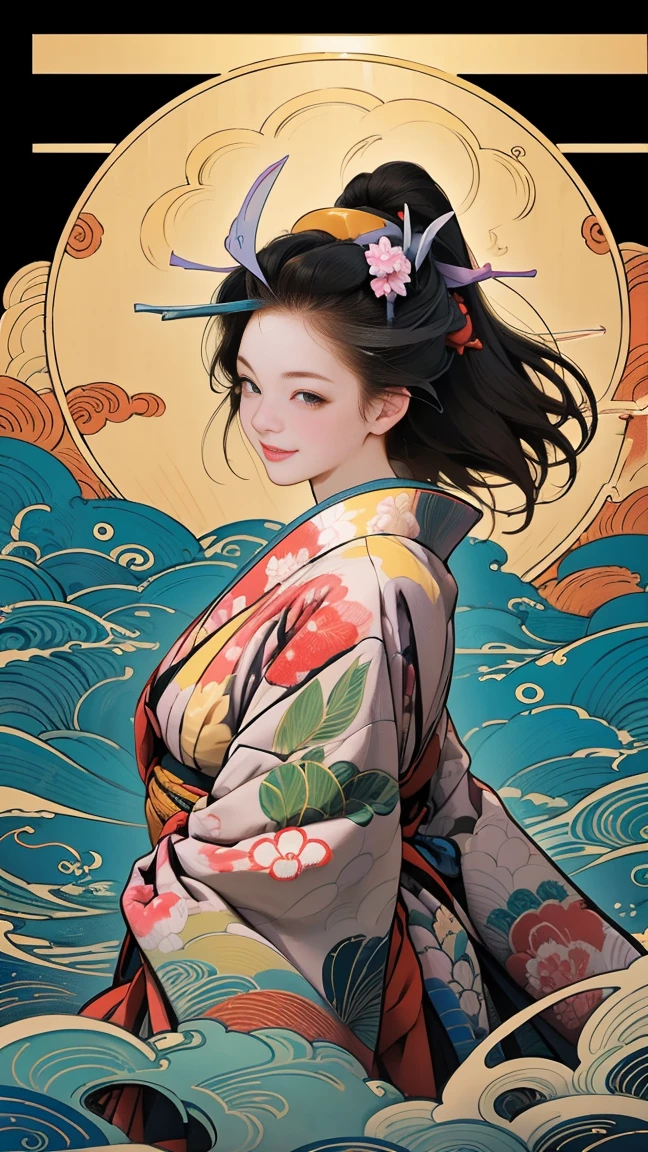 (Art of the Sea、I create amazing digital illustrations of beautiful women in kimonos)、Beautiful woman smiling showing white teeth、Colorful Ukiyo-e style illustration、Brown-black long hair、Beautiful full body style、If you want to dance, Dancing the Tokyo Ondo, Good good、Beautiful new digital paintings,、 Bright and vibrant digital anime art、Beautiful anime portraits、background,Japanese shrine front torii gate.、Detailed digital anime art、