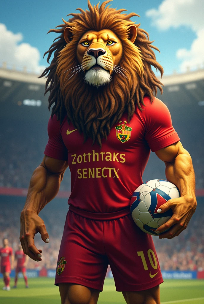 create a drawing of a lion with dreadlocks standing with a football in his hand in a football stadium wearing a team shirt