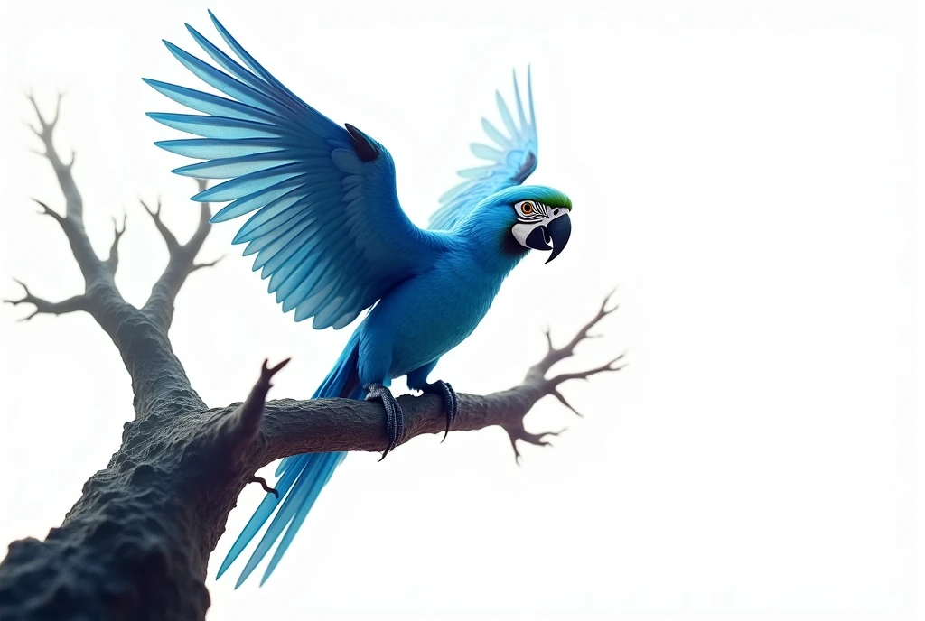 A charming blue macaw perched on a mystical tree branch. The macaw's vibrant feathers shine in a magical glow. The background is white, creating a clean and minimalist setting.