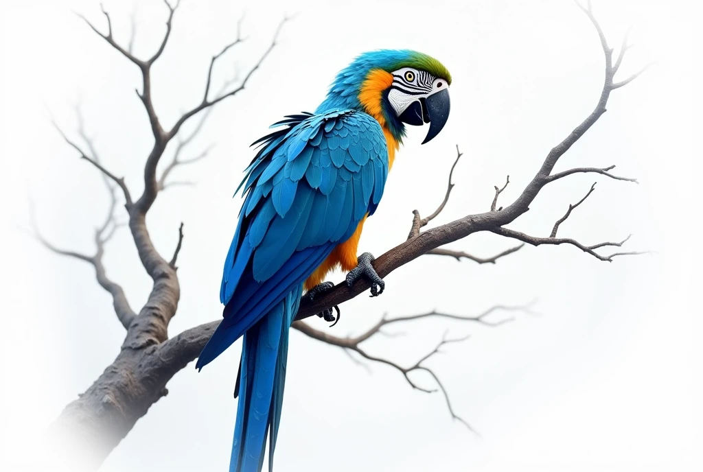A charming blue macaw perched on a mystical tree branch. The macaw's vibrant feathers shine in a magical glow. The background is white, creating a clean and minimalist setting.