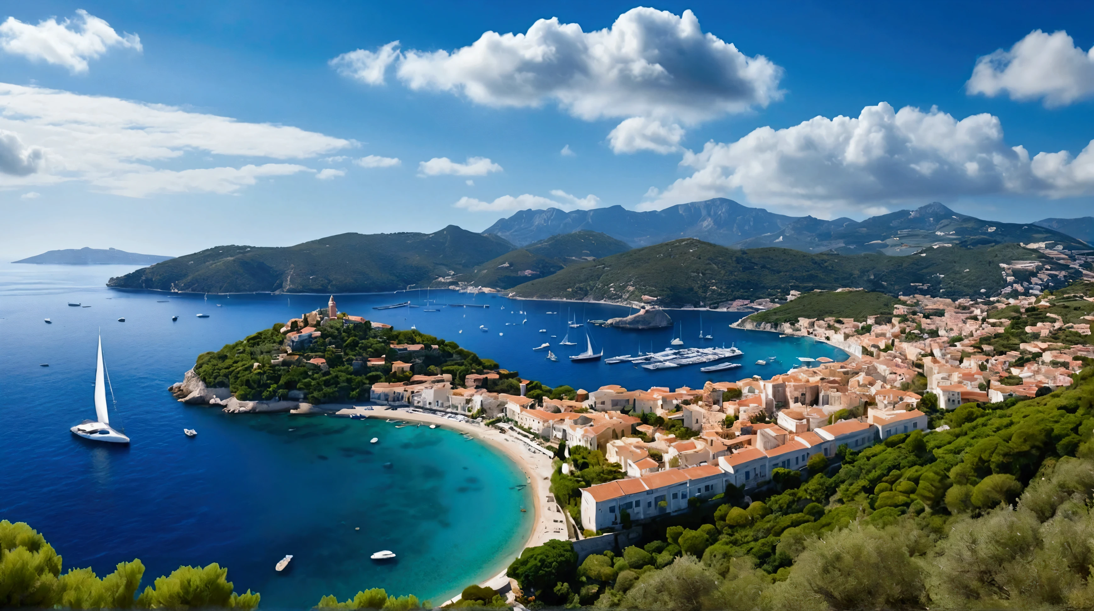 Create an ultra-high-definition, photorealistic image of a stunning Mediterranean bay. In the distance, the endless blue sea meets the sky with scattered white clouds, with gentle waves rolling across the water. On the left side of the image, a mountain range rises with lush green forests and snow-capped peaks. To the right, a charming hillside town with white houses featuring red roofs and blue-domed cathedrals overlooks the bay. A winding road snakes from the seaside up to the town. The town's marina is dotted with various sailboats, and on the bay, numerous boats of different sizes can be seen. In the middle of the bay, a solitary island stands with a red-roofed house and a tall, fluttering flag.
