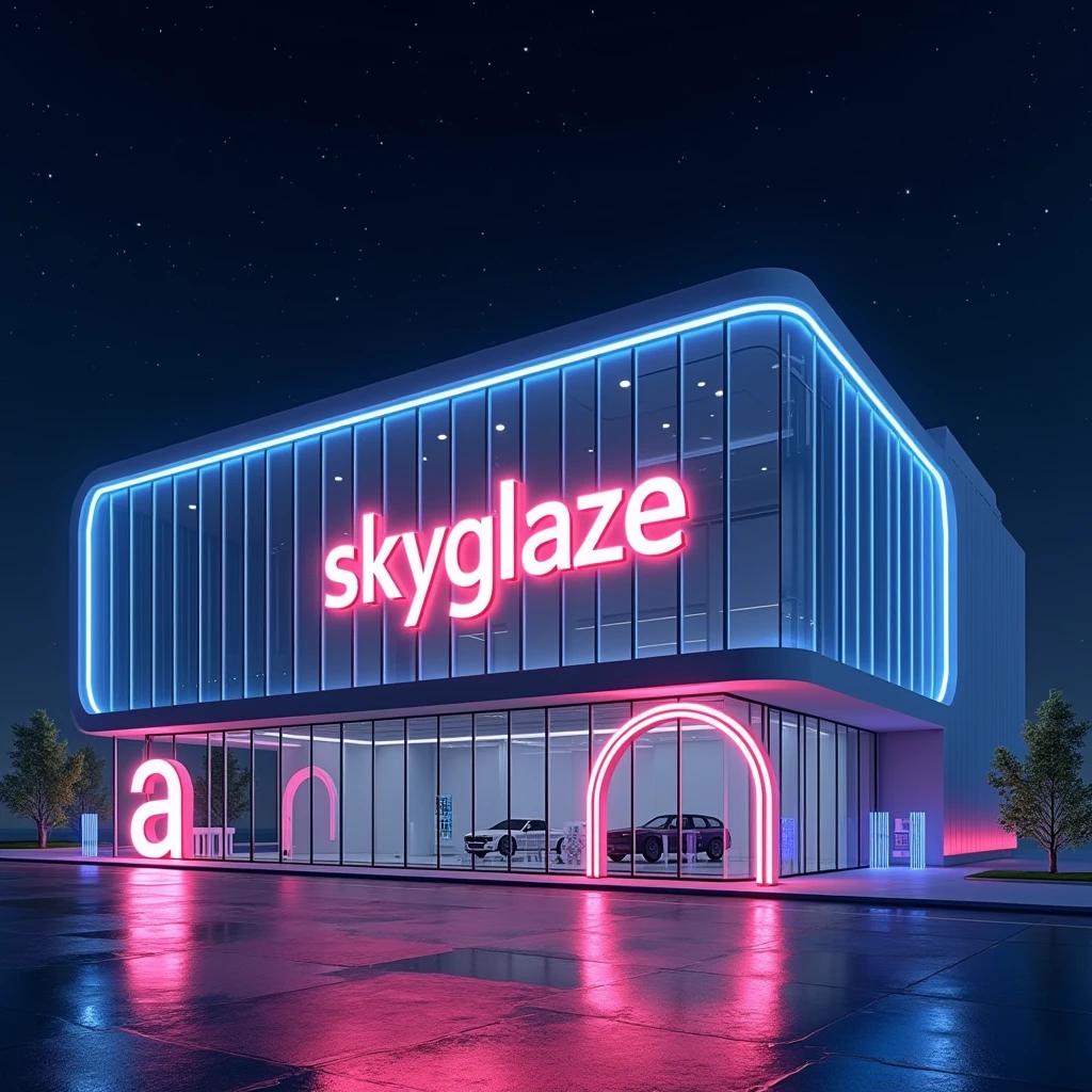 A 3D render of a modern building with a large, illuminated sign that says "Skyglaze". The sign is made of neon lights and is placed on the facade of the building. The building has a sleek, glass design and is illuminated from within. There are also smaller, creative light installations around the sign, including a large, glowing letter "A". The background is a dark night sky with stars.