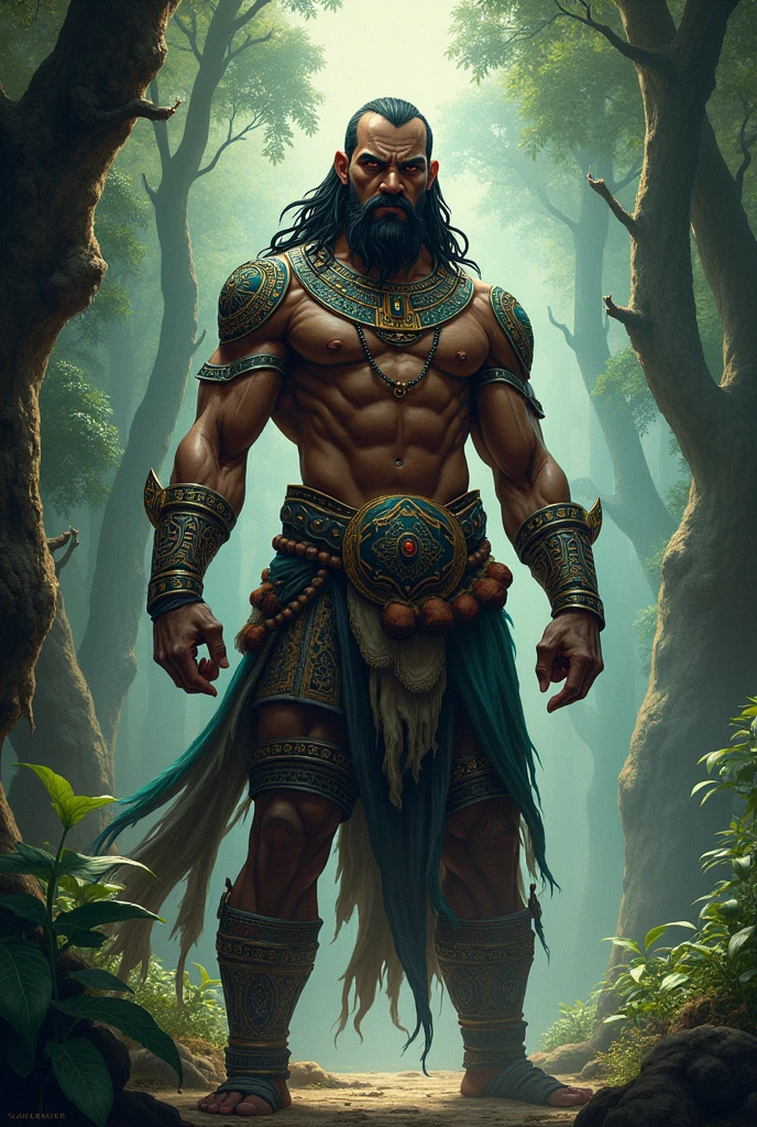 Create a drawing about the JaguaBiruba era, Segundo a lenda, a protector of the underworld , whose bravery and combat skills were unmatched. He was the protector of his people and the secrets hidden in the sacred land in which they lived..