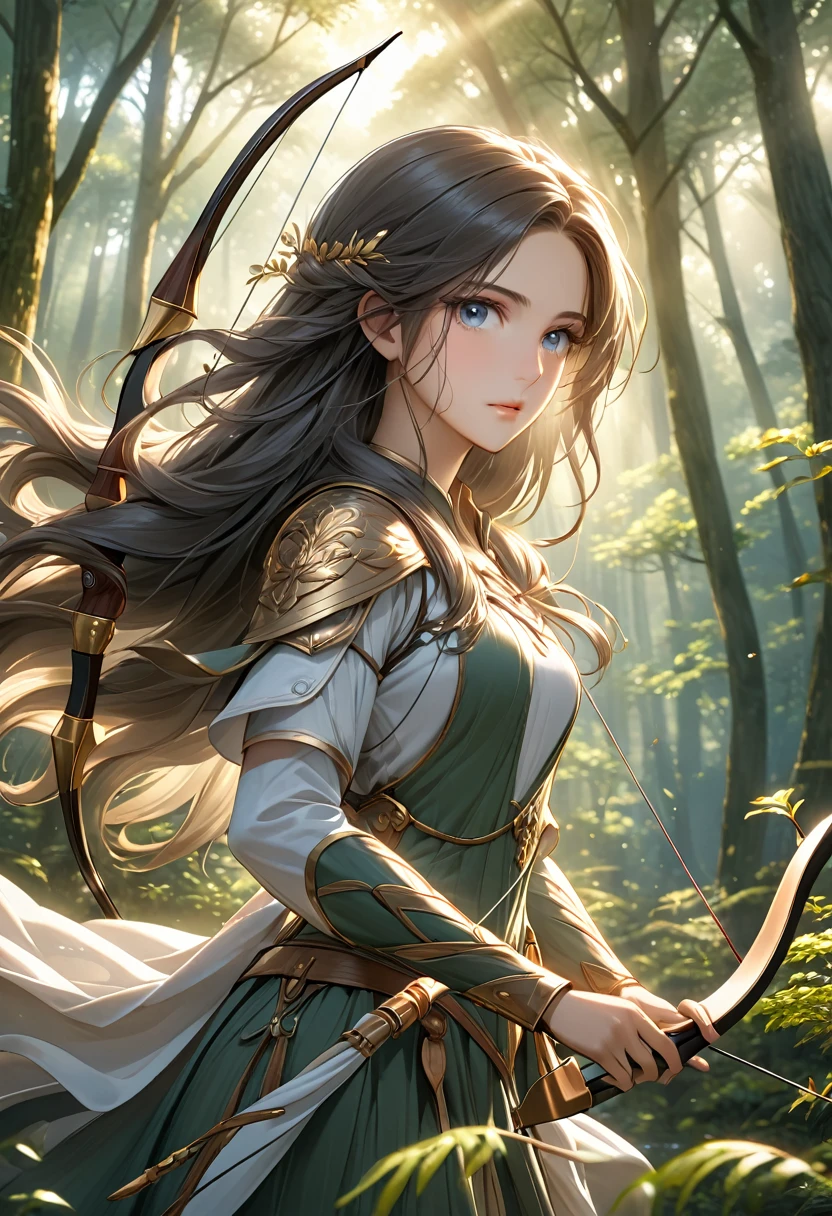 Beautiful female archer, holding a bow, Delicate face, beautiful eyes, Detailed facial features, Flowing long hair, Elegant Posture, Fantasy Landscape, Dense forest, Sunlight through the trees, Soft tones, Dramatic Lighting, Film composition, number, Extremely detailed, (best quality,4K,8K,high resolution,masterpiece:1.2),Extremely detailed,(Practical,photoPractical,photo-Practical:1.37)