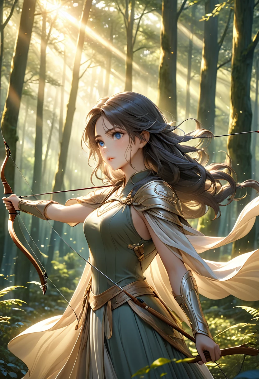 Beautiful female archer, holding a bow, Delicate face, beautiful eyes, Detailed facial features, Flowing long hair, Elegant Posture, Fantasy Landscape, Dense forest, Sunlight through the trees, Soft tones, Dramatic Lighting, Film composition, number, Extremely detailed, (best quality,4K,8K,high resolution,masterpiece:1.2),Extremely detailed,(Practical,photoPractical,photo-Practical:1.37)