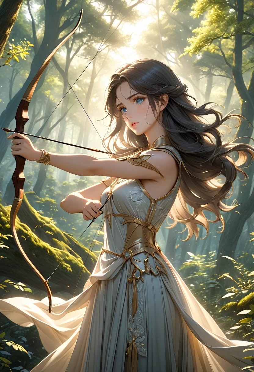 Beautiful female archer, holding a bow, Delicate face, beautiful eyes, Detailed facial features, Flowing long hair, Elegant Posture, Fantasy Landscape, Dense forest, Sunlight through the trees, Soft tones, Dramatic Lighting, Film composition, number, Extremely detailed, (best quality,4K,8K,high resolution,masterpiece:1.2),Extremely detailed,(Practical,photoPractical,photo-Practical:1.37)