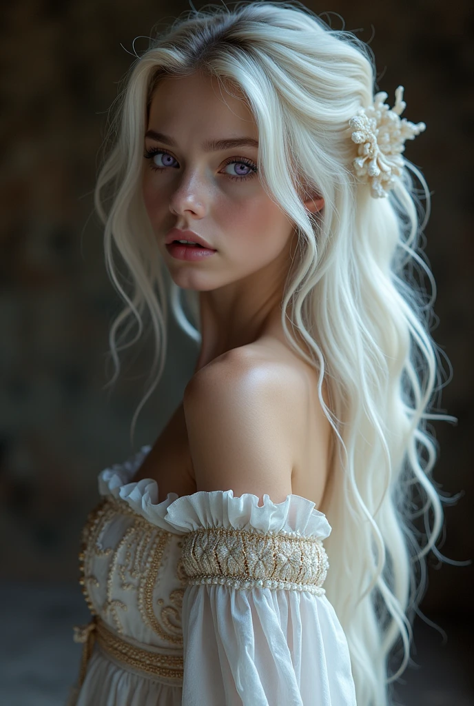 Make a semi-naked young girl , with pearly white hair long, purple eyes, pale skin and very beautiful, she is very sexy, in a medieval room