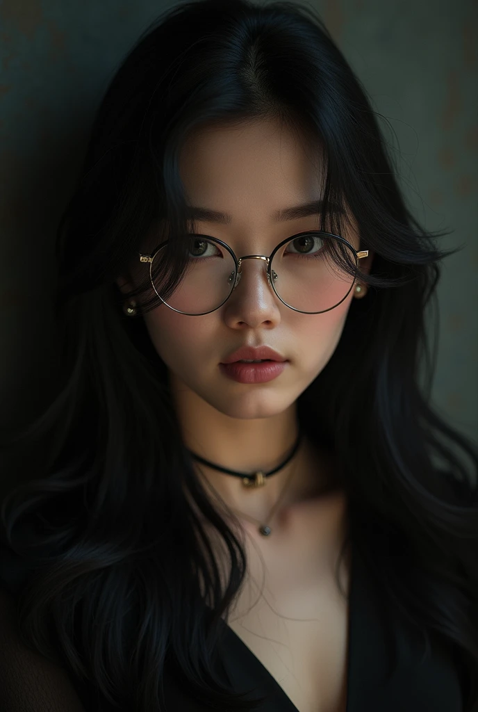 a beautiful young woman with long black hair, wearing vintage-style glasses and stud earrings, elegant and feminine, (best quality, 8k, masterpiece, extremely detailed, photorealistic:1.37), (high saturation, best shadows, best lighting, extremely delicate bleaching), dark and moody style
