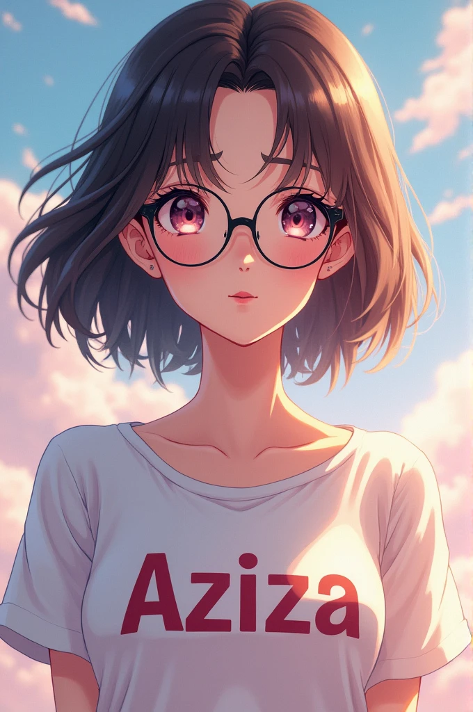Generate me an image of beautiful girl with glasses and Aziza written on her shirt can be clearly seen in anime style and in aspect ratio of 1:1