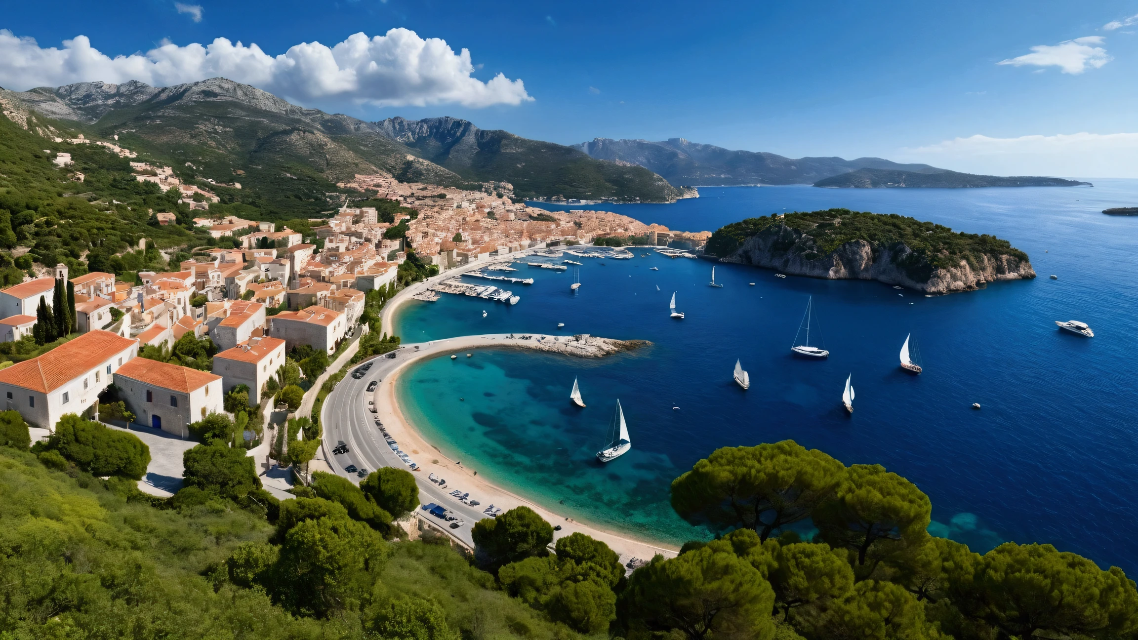 Create an ultra-high-definition, photorealistic image of a stunning Mediterranean bay. In the distance, the endless blue sea meets the sky with scattered white clouds, with gentle waves rolling across the water. On the left side of the image, a mountain range rises with lush green forests and snow-capped peaks. To the right, a charming hillside town with white houses featuring red roofs and blue-domed cathedrals overlooks the bay. A winding road snakes from the seaside up to the town. The town's marina is dotted with various sailboats, and on the bay, numerous boats of different sizes can be seen. In the middle of the bay, a solitary island stands with a red-roofed house and a tall, fluttering flag.