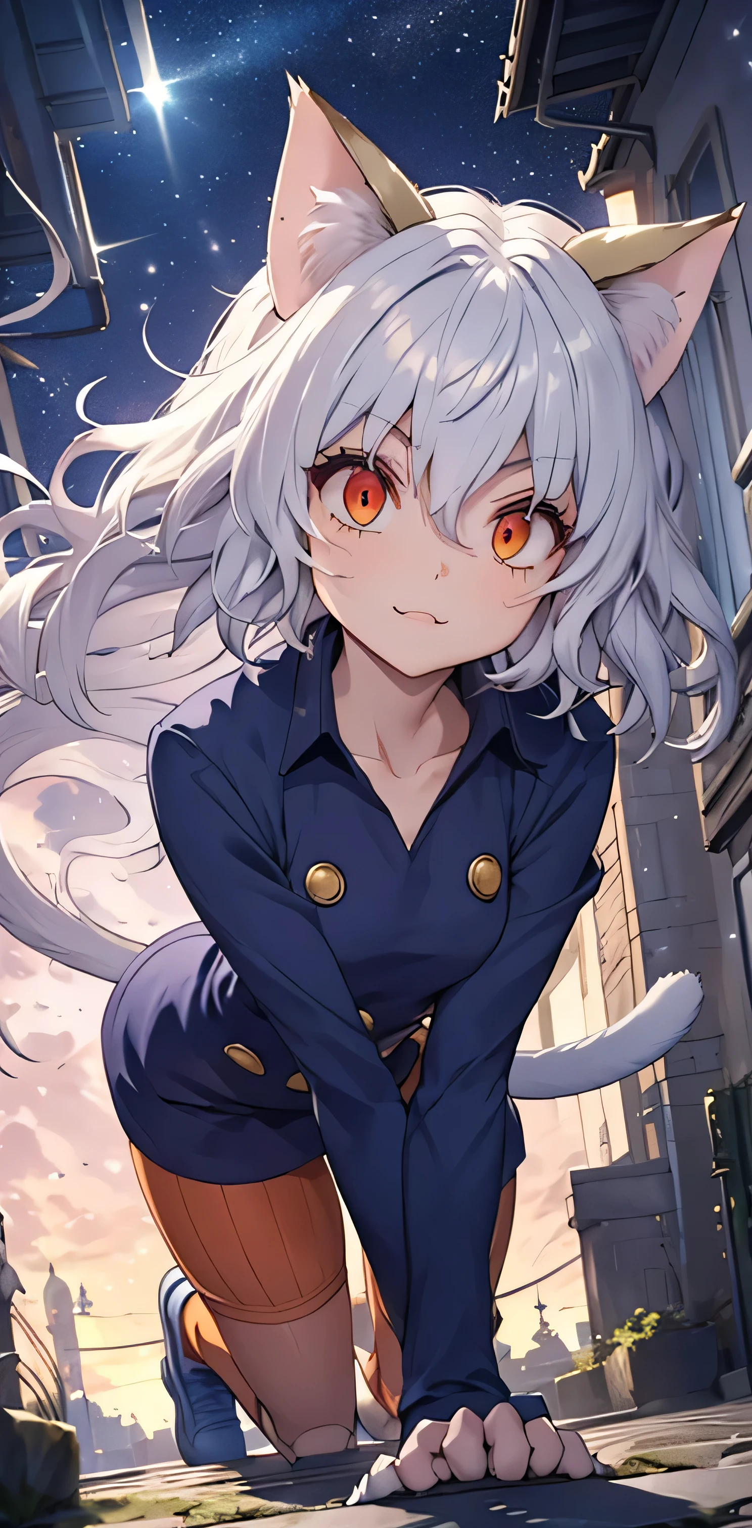 silver hair, short and curly hair, cat ears, red eyes, large pupils, intense eyes, double eyelids, slender eyebrows, long eyelashes, small nose, small mouth,((:3)), sharp jawline, blue military-style coat, six gold buttons, short orange striped shorts, high collar, long sleeves, slender wrists, flexible fingers, white skin, cat-like claws, orange striped knee-high socks, blue shoes, sturdy soles, slender ankles, small feet, long legs, muscular thighs, thin waist, wide shoulders, cat-like gaze, long neck, straight shoulder line, straight back, muscular arms, long fingers, firm upper arms, soft hands, small palms, cat-like smile, serious furrowed brows, pointed ears, pink inside of ears, thin eyelids, upward curled eyelashes, vertical slit pupils, cat whisker-like cheek markings, many lower eyelashes, small nostrils, thin lips, pointed chin, protruding collarbones, high hips, knee joints, muscular thighs, pointed knees, well-fitted socks, neatly tied shoelaces, soft cat ears, rounded ear tips, soft fluffy hair, thin eyebrows, light pink lips, white teeth, well-shaped lips, smooth skin, sensitive ears, reflective pupils, heavy eyelids, slightly curved cat ears, well-fitted coat, shining buttons, slightly old shoes, hair waving in wind, sparkling pupils, moving cat ears, nighttime medieval city background, moonlight, starry night sky, on all fours, on a tall cobblestone wall, approaching