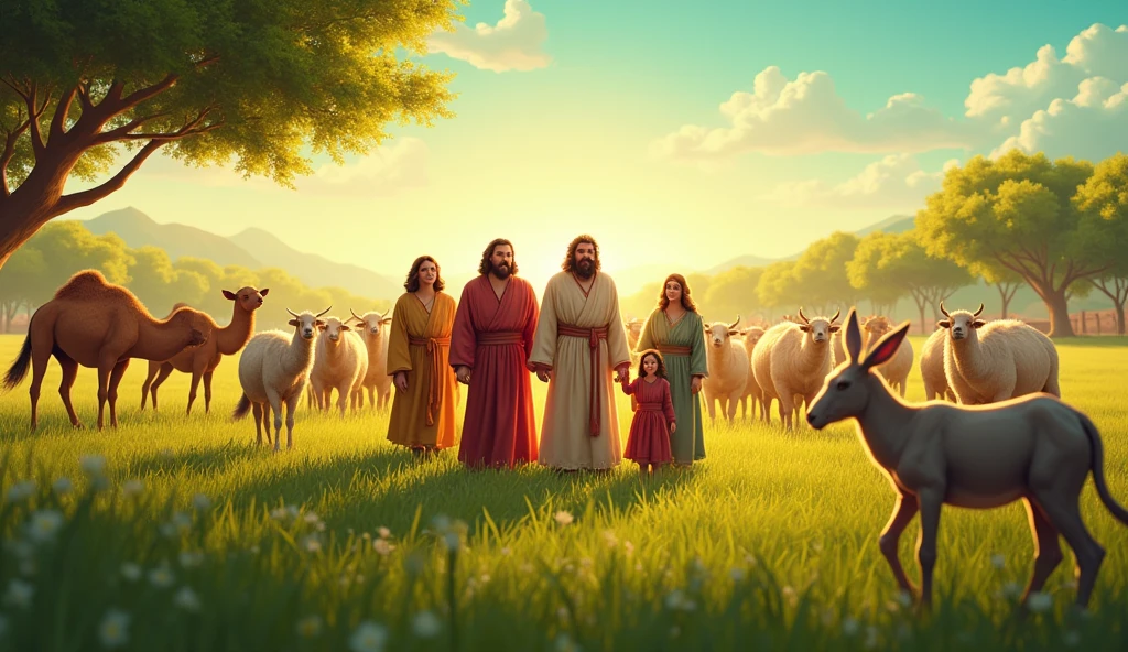 "Create a vibrant, realistic scene that represents Job's wealth, as described in the Bible. The image should show a vast green field, where 7.000 sheep graze peacefully under the soft sunlight. No fundo, add 3.000 camels resting under the shade of leafy trees. Also include a movement of 500 yoke of oxen plowing the land and 500 donkeys in a nearby enclosure..
In the center of the scene, portray Job's family: a wise and kind looking man, surrounded by his seven sons and three daughters, all with expressions of joy and unity. Next to them, inclua a esposa de Good, that must transmit love and strength. The atmosphere of the image should be warm and welcoming., evoking a sense of abundance and prosperity. This illustration will be used in a video scene on YouTube, proto, maintain a composition rich in details and vibrant colors that capture the viewer's attention."