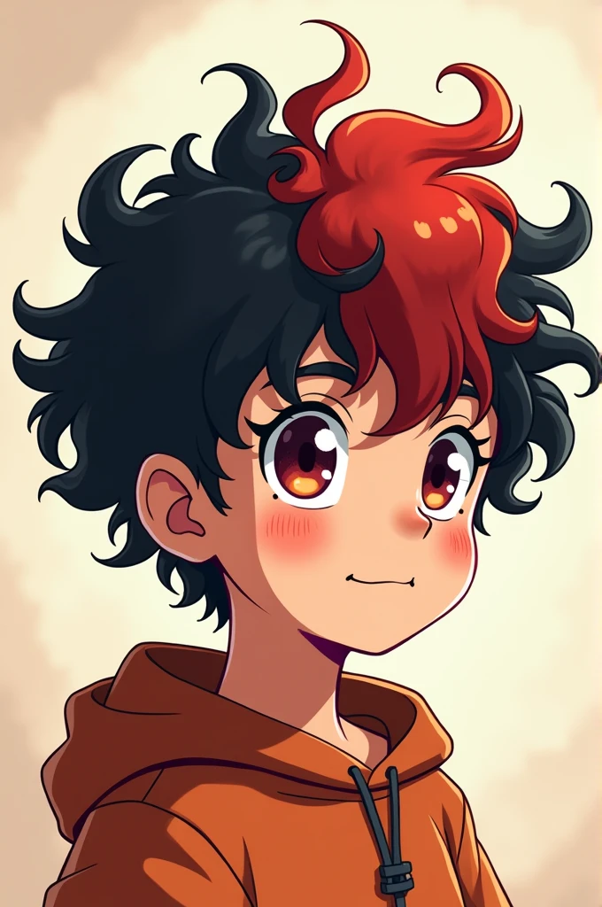 Create pictures of a boy who has curly hair and a red streak in front and design should be like anime mesäg