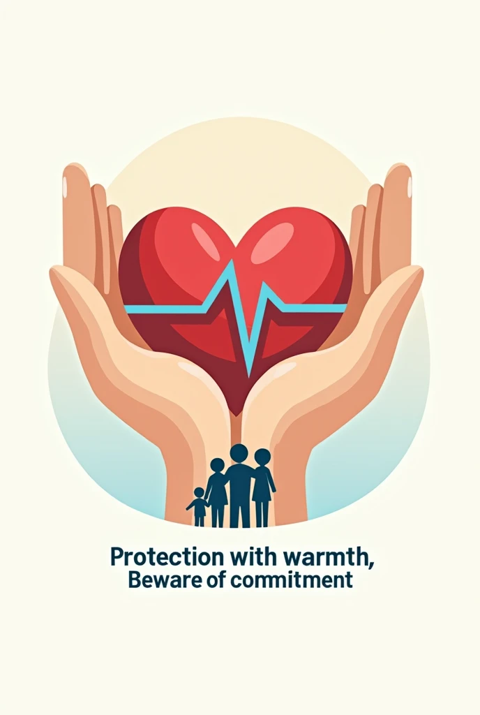 Medical care logo with hands holding a red heart with a blue lifeline in the center and below the hands a whole family hugging each other, with some letters that say protection with warmth, Beware of commitment
